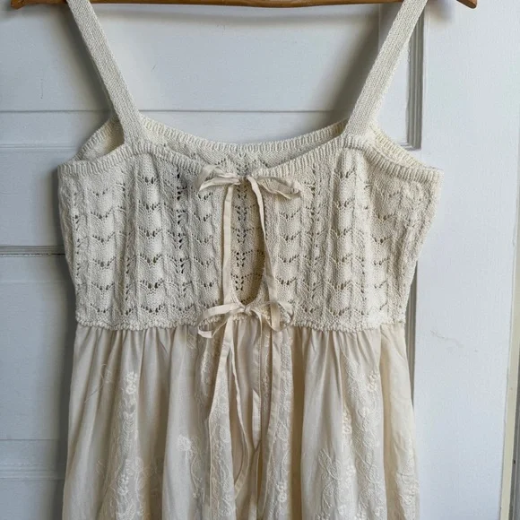 Zara Contrasting Embroidered Knit Dress Cotton Blend Tie Back NWT L Cottagecore - Picture 10 of 13